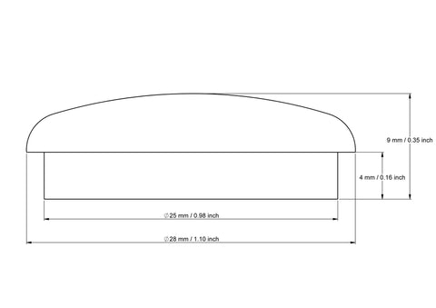 tehniskais rasējums: 25 mm sēņveida aizbāžņi ar dimensions