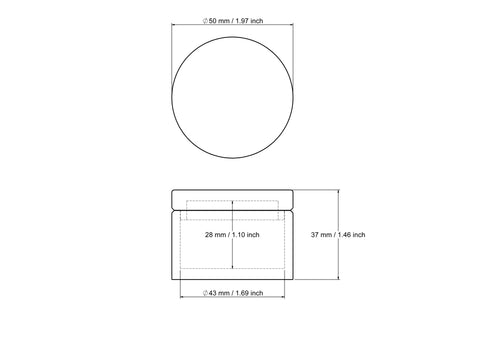 technical drawing of 50 x 37 mm wooden round pill box