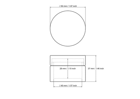 Tehniskais rasējums: 50 x 37 mm apaļa koka tablešu kastīte