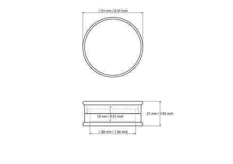 Technische Zeichnung: 51 x 21 mm runde Pillendose aus Holz