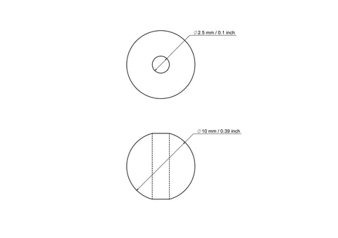 Tehniline joonis: 10 mm kasepuidust pärl 2.5 mm avaga