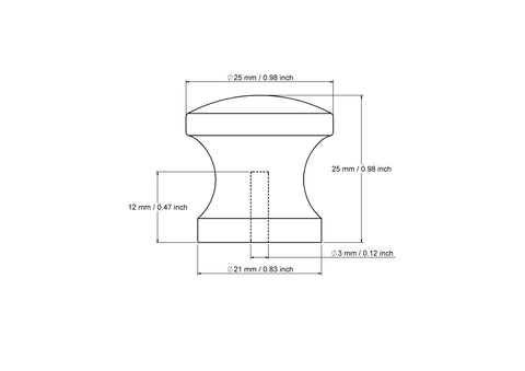 Technical drawing of 21 mm hourglass turned wooden cabinet knob