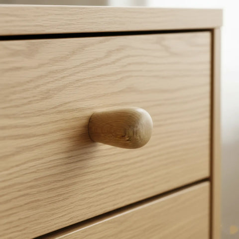 11 mm mini oak wooden cabinet knob installed on cabinet door