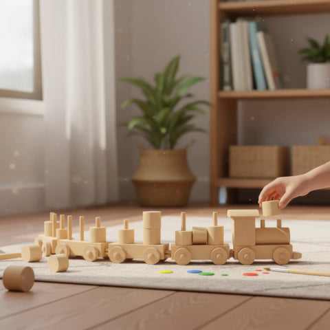 wooden cylinder with hole used as a part of a children's toy train