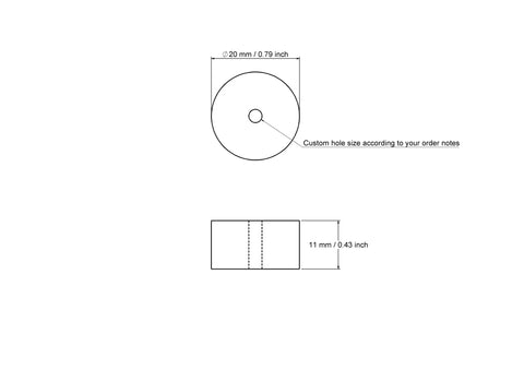 technical drawing of 20 x 11 mm wooden cylinder
