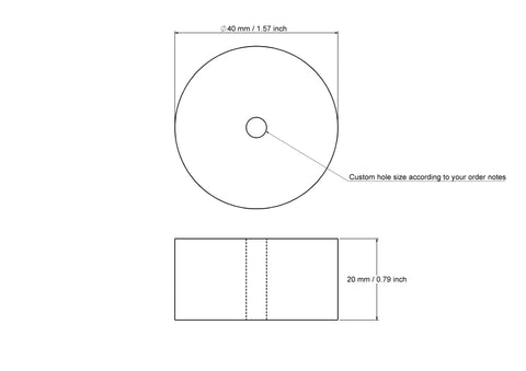 technical drawing of 40 × 20 mm wooden cylinder