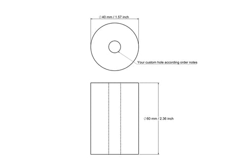 technical drawing of 40 × 60 mm wooden cylinder with hole