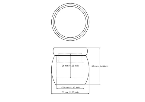 technical drawing of 35 x 38 mm round wooden pill box