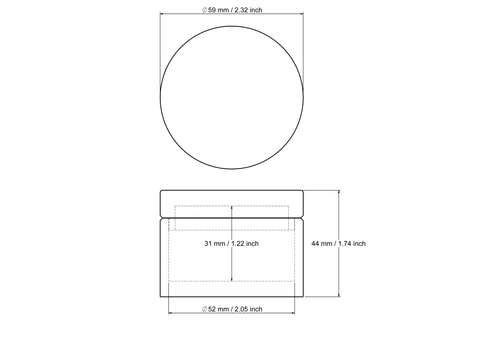 technical drawing of 59 x 44 mm wooden round trinket box