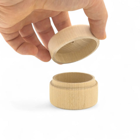 opened 60 x 43 mm round wooden trinket box