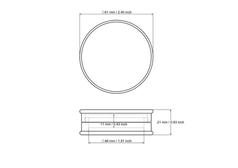 technical drawing of 61 x 21 mm wooden round trinket box