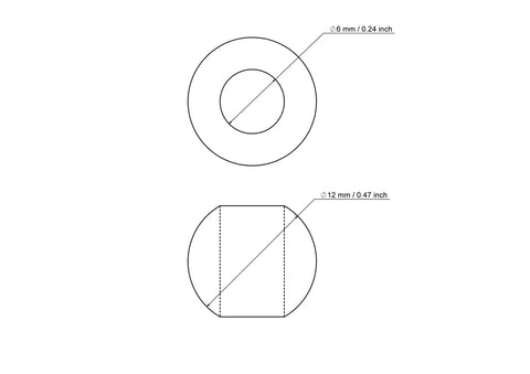 Technical drawing of 12 mm birch wood bead with 6 mm hole