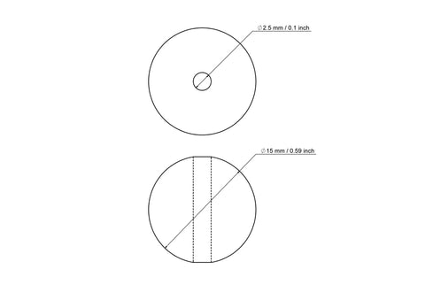 Technical drawing of 15 mm birch wood bead with 2.5 mm hole