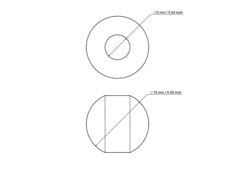 Technical drawing of 15 mm birch wood bead with 6 mm hole