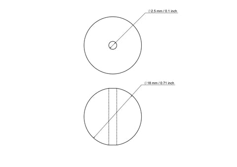 Technical drawing of 18 mm birch wood bead with 2.5 mm hole