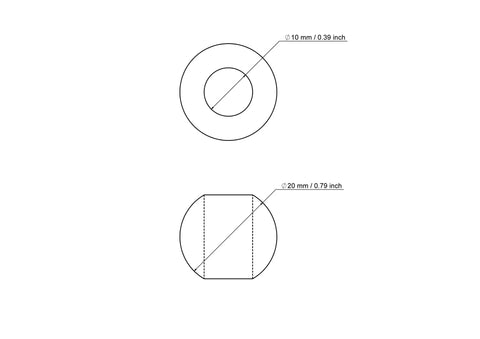 Technical drawing of 20 mm birch wood bead with 10 mm hole
