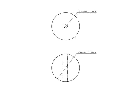 Technical drawing of 20 mm birch wood bead with 2.5 mm hole