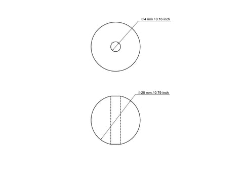 Technical drawing of 20 mm birch wood bead with 4 mm hole