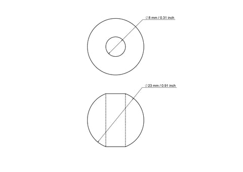 tehniskais rasējums: 23 mm bērza koka pērles ar 8 mm hole