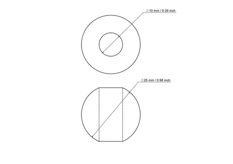 Technical drawing of 25 mm birch wood bead with 10 mm hole