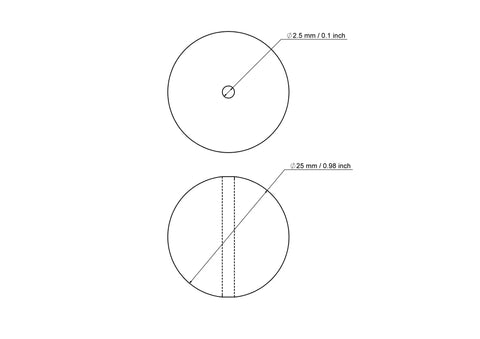 Technical drawing of 25 mm birch wood bead with 2.5 mm hole
