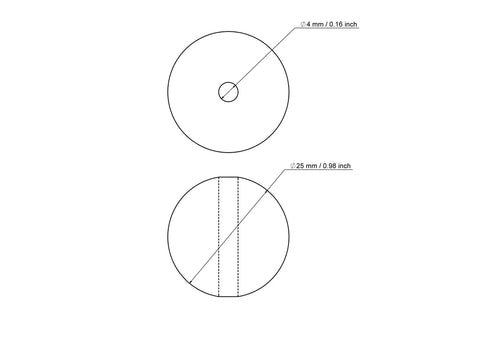 Technical drawing of 25 mm birch wood bead with 4 mm hole