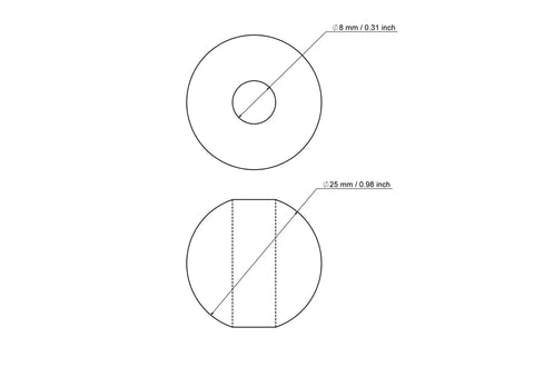 Technical drawing of 25 mm birch wood bead with 8 mm hole