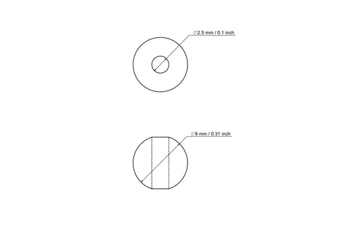 Technical drawing of 8 mm birch wood bead with 2.5 mm hole