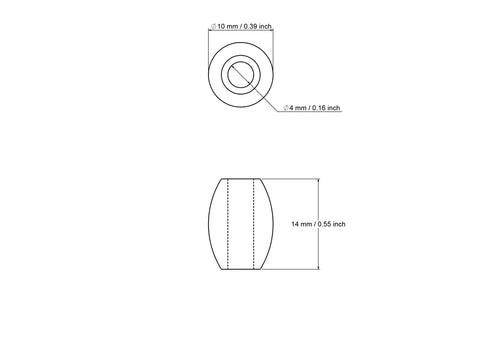 Technical drawing of 10 x 14 mm wooden barrel bead with 4 mm hole