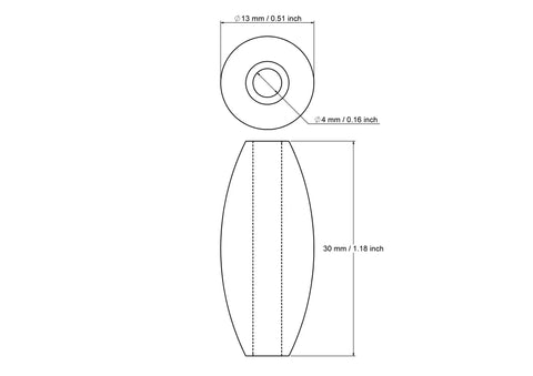 Technical drawing of 13 x 30 mm wooden barrel bead with 4 mm hole