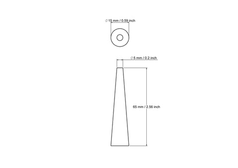 15 x 65 mm tekinto medinio kūgio techninis brėžinys