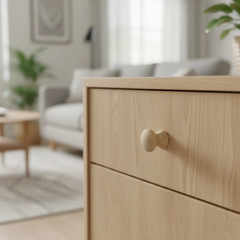 21 mm hourglass turned wooden cabinet knob installed on cabinet door