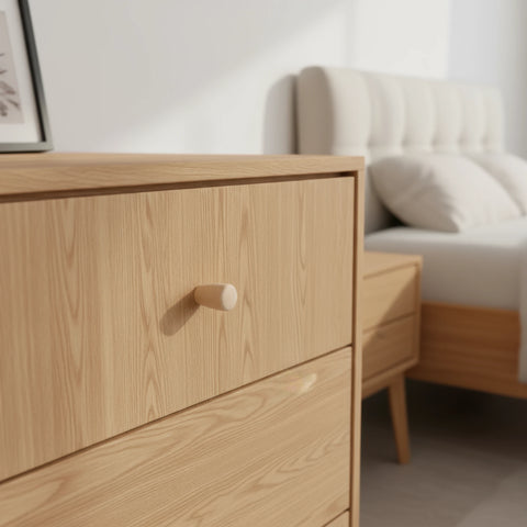 32 mm tapered birch wooden cabinet knob installed on cabinet door