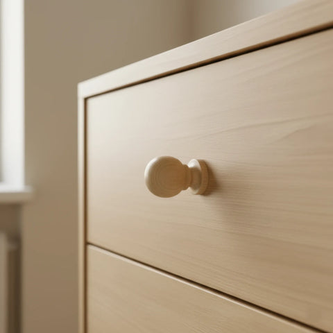 33 mm rund Birkenholz Möbelknopf installed on cabinet door
