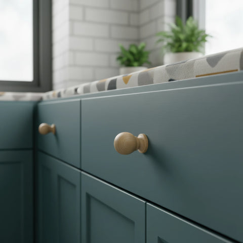 33 mm rund Eschenholz Möbelknopf installed on cabinet door