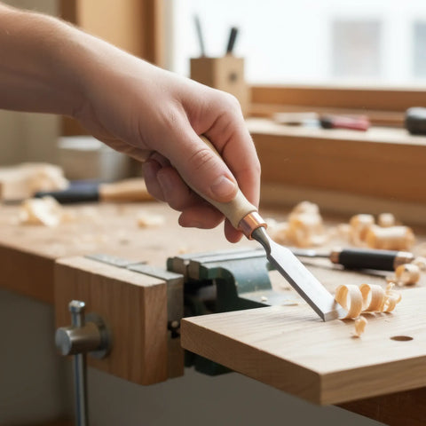 Wood Schnitzen chisel mit 80 mm konisch Holz tool handle in Verwendung on workbench