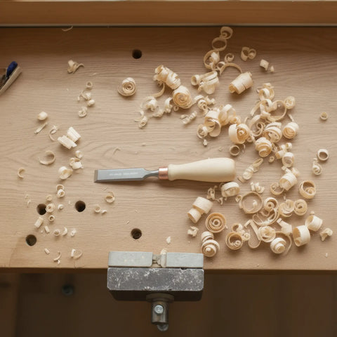 Wood Schnitzen chisel mit turned konisch Holz handle verwendet auf workbench