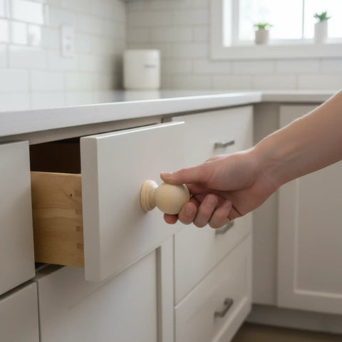 28 mm oval puidust mööblinupp installed on drawer