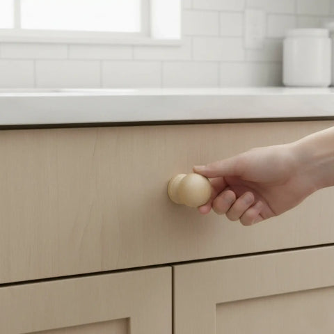 28 mm oval Holz Möbelknopf installed on cabinet door