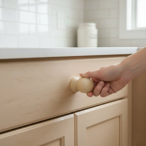 42 mm suur ümar puidust mööblinupp installed on cabinet door
