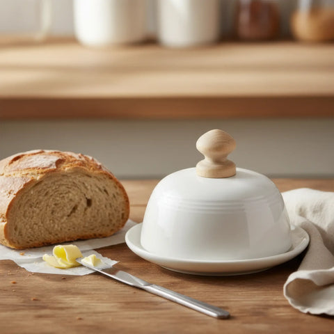 Ceramic butter dish with 33 mm classic wooden furniture knob handle