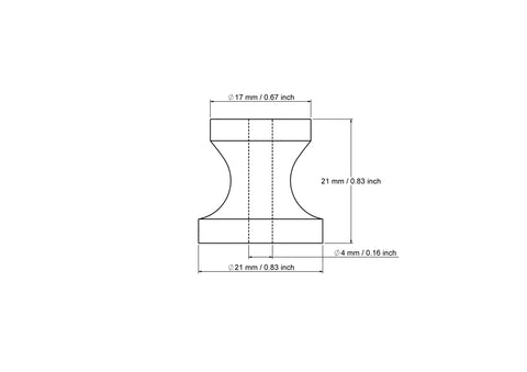Technical drawing of 21 mm turned wooden cabinet knob spool style